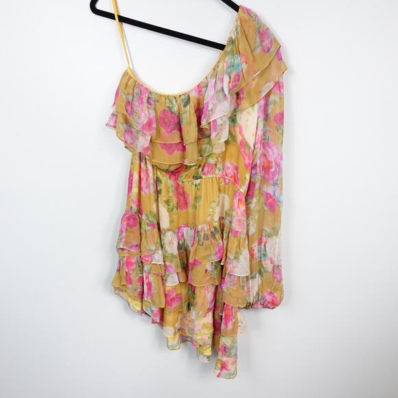 Rococo Sand Avar Belted One Shoulder Peasant Sleeve Yellow Floral Dress Large - Picture 2 of 9